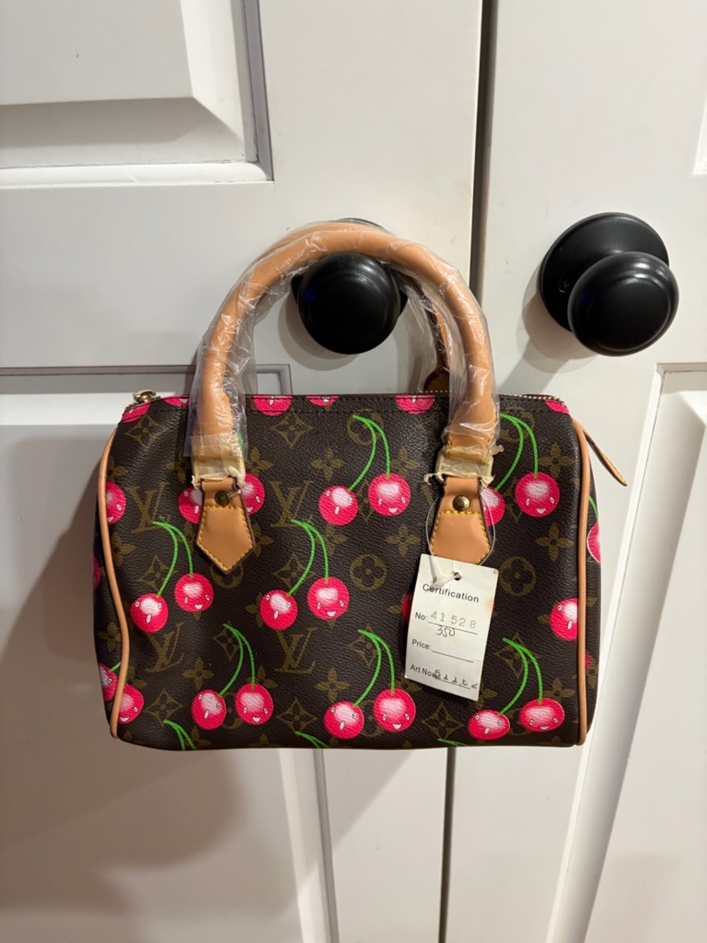 Designer-Style Cherry Print Brown Satchel Bag - Picture 2 of 4